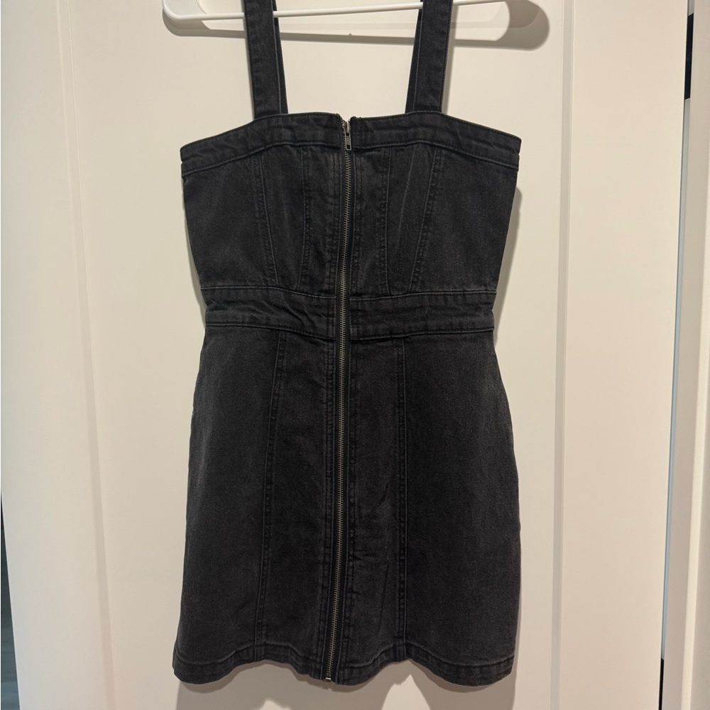 Black/Charcoal Denim Zip-Front Mini Dress